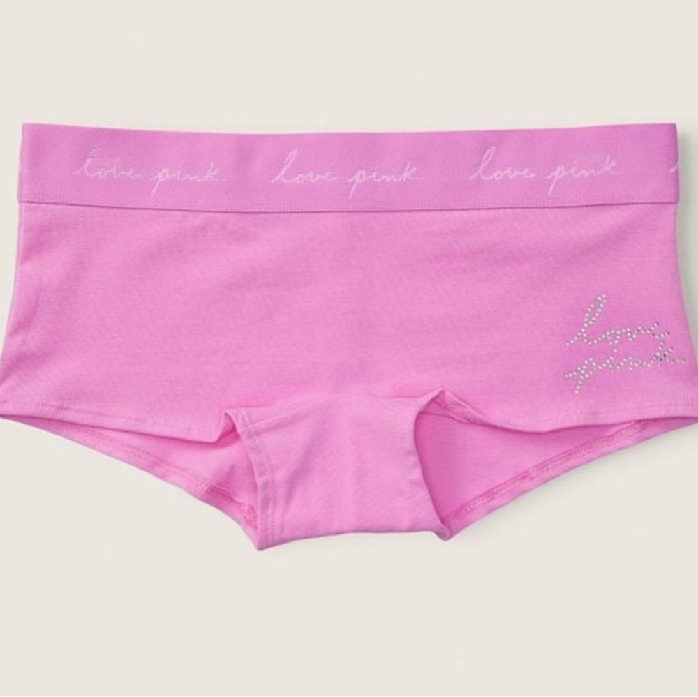 5/$40🛍 Victoria's Secret PINK LOGO Boyshort Pink Bloom with Diamante 💎